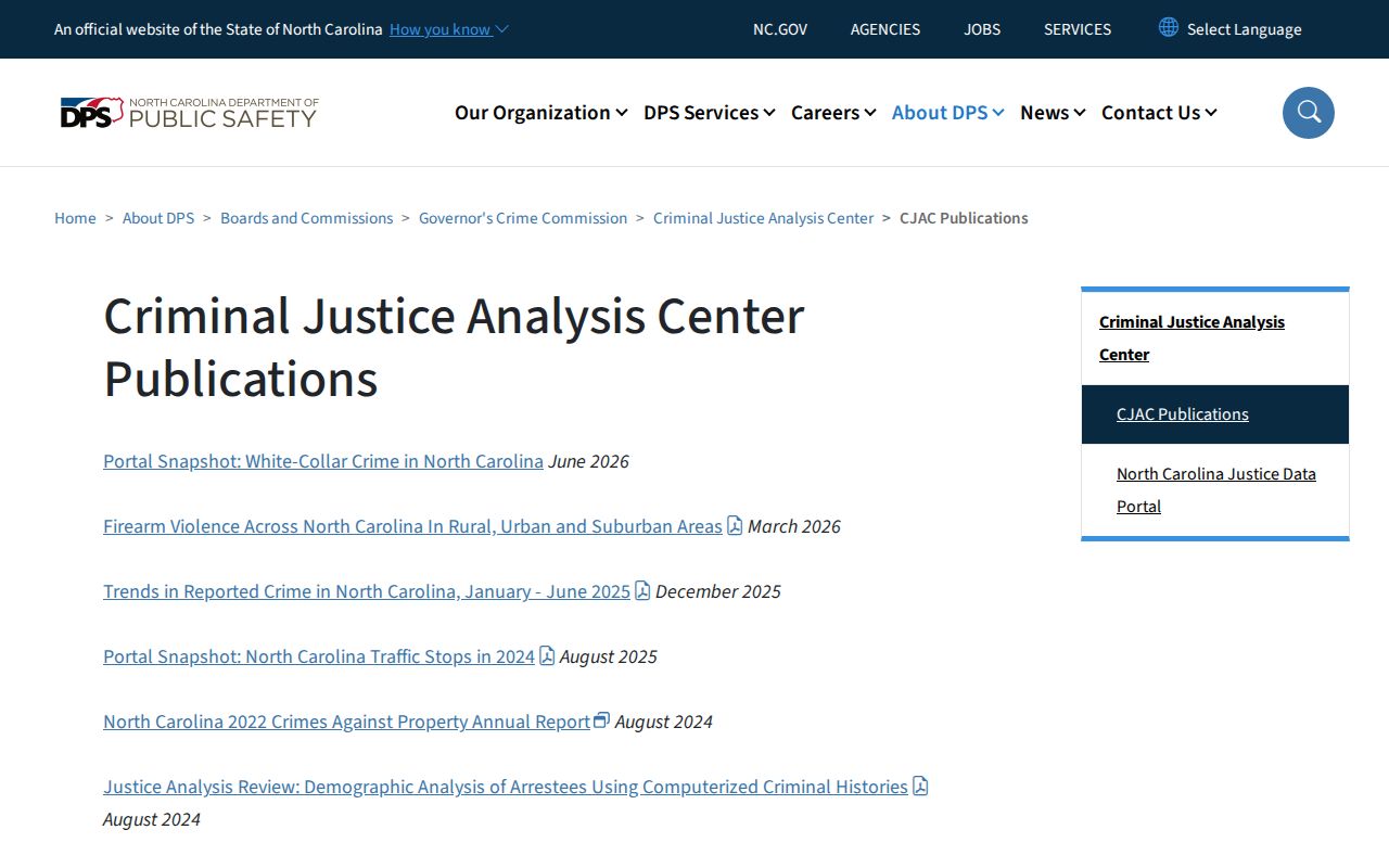 North Carolina arrest history crime data publications