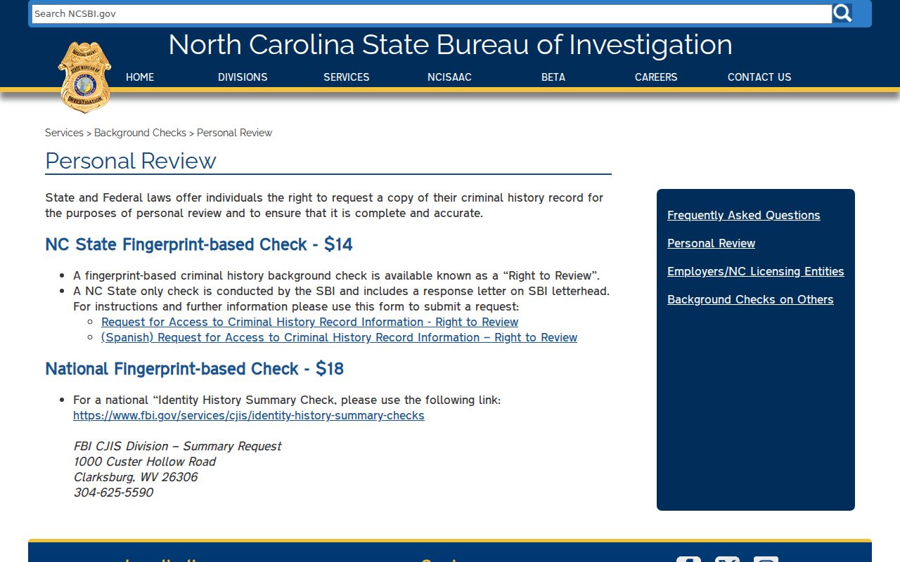North Carolina NC SBI Right to Review criminal history fee