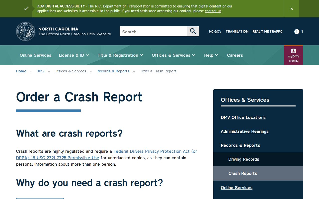 North Carolina criminal record crash report ordering options