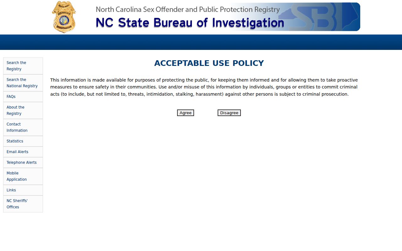 North Carolina sex offender registry public profile layout